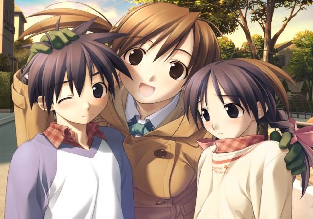 White Breath: Kizuna - With Faint Hope (PlayStation 2) screenshot: Yoshino-chan introducing her little brother and sister.