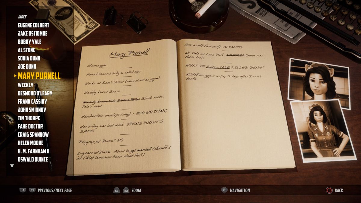 Blacksad: Under the Skin (PlayStation 4) screenshot: Blacksad keeps all the gathered info in his notebook