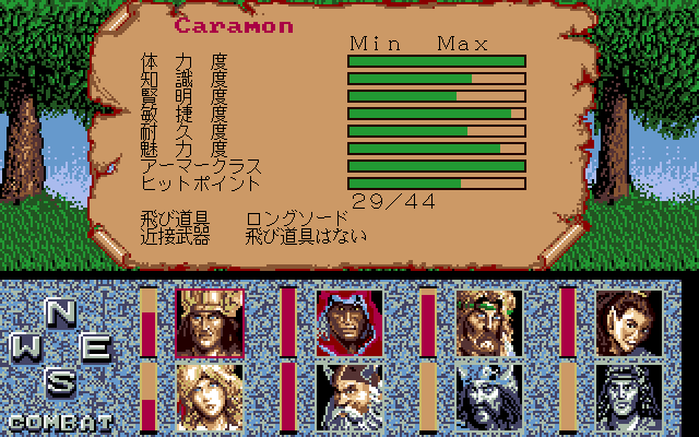Dragons of Flame (PC-98) screenshot: Character stats (Japanese mode)
