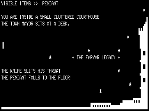 The Farvar Legacy (TRS-80) screenshot: Murdering a Townsperson