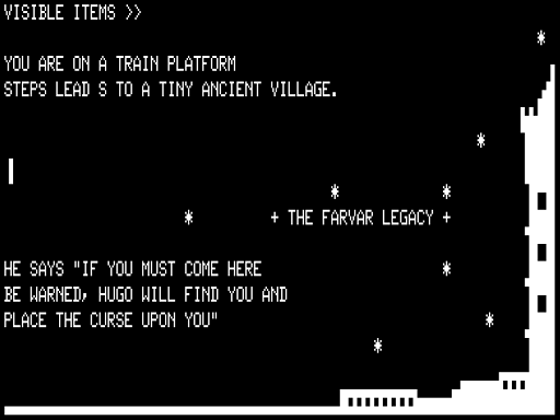 The Farvar Legacy (TRS-80) screenshot: Foreshadowing from an Old Man at the Train Station