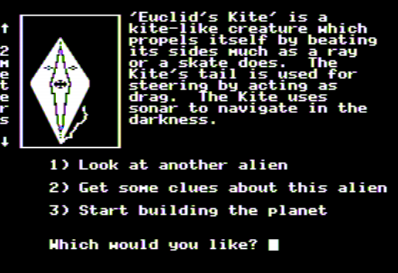 Planetary Construction Set (Apple II) screenshot: Creature to Design Planet For