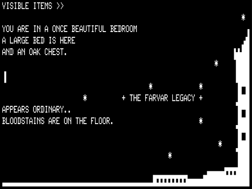 The Farvar Legacy (TRS-80) screenshot: Hugo's Private Chambers