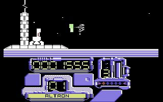 Pogotron (Commodore 64) screenshot: About to place a spacecraft part