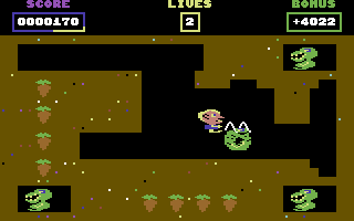 Pixie Pete (Commodore 64) screenshot: Pumping Desmond the Dragon to death