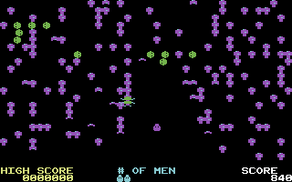 Mushroom Alley (Commodore 64) screenshot: Spider to blast or avoid