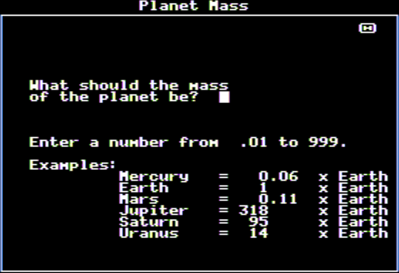 Planetary Construction Set (Apple II) screenshot: Defining Planet Mass