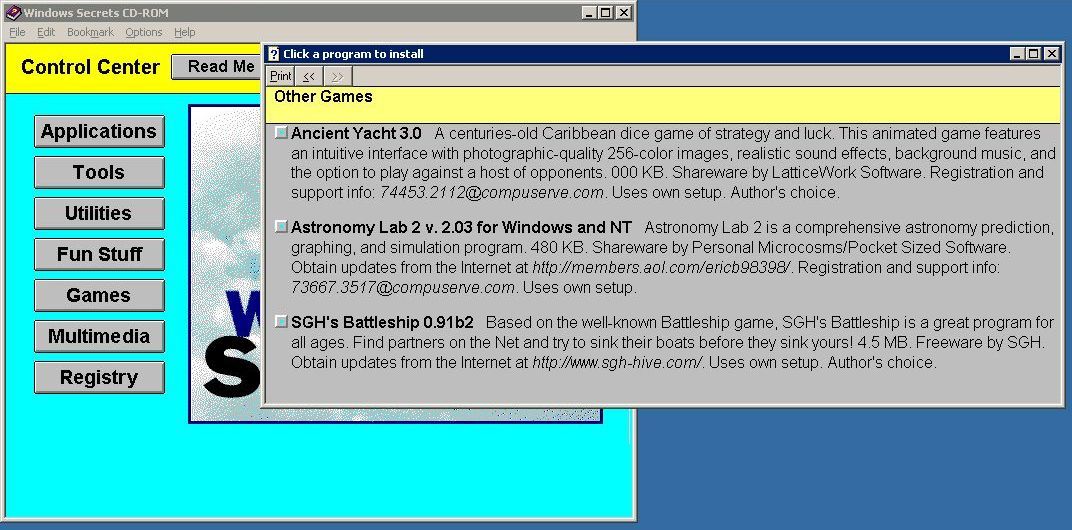 Windows 98 Secrets (Windows) screenshot: The final group of games is the 'Other' category. Astronomy Lab isn't really a game and SGH Battleship was internet based and cannot be played in 2019