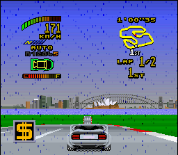 Top Gear 2 (SNES) screenshot: Want a easy money? Then collect an certain square with a yellow "$" in the center!