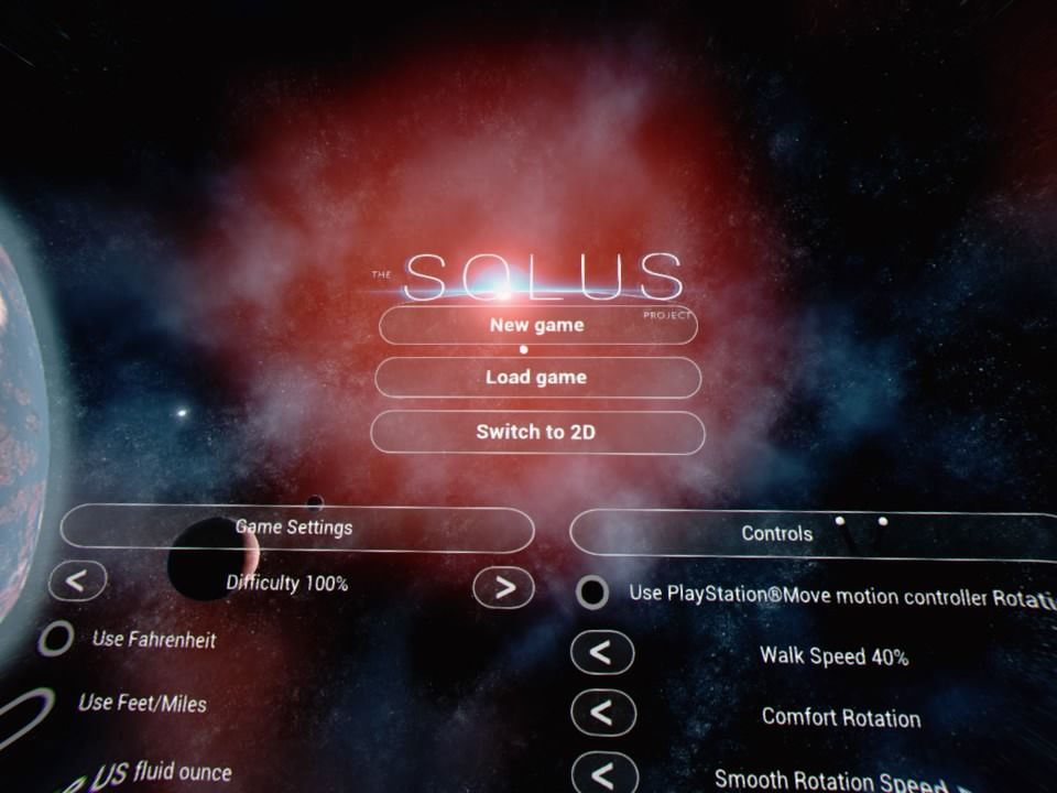 The Solus Project (PlayStation 4) screenshot: Menu & settings (VR mode)