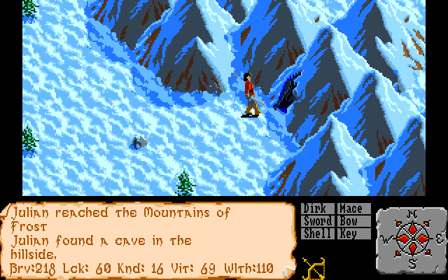 The Faery Tale Adventure: Book I (Amiga) screenshot: You found a cave.