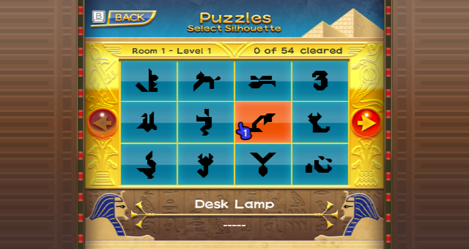 Neves Plus (Wii) screenshot: Select the silhouette for the tangram puzzle you would like to build.