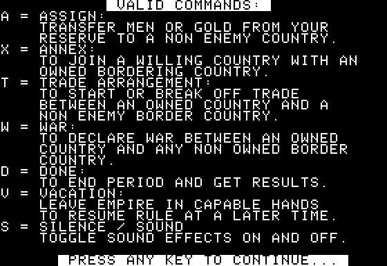 Zendar (Apple II) screenshot: List of Commands