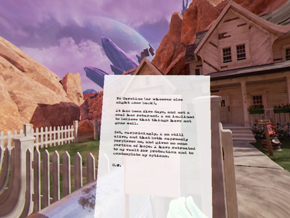 Obduction (PlayStation 4) screenshot: Reading the letter in the mailbox