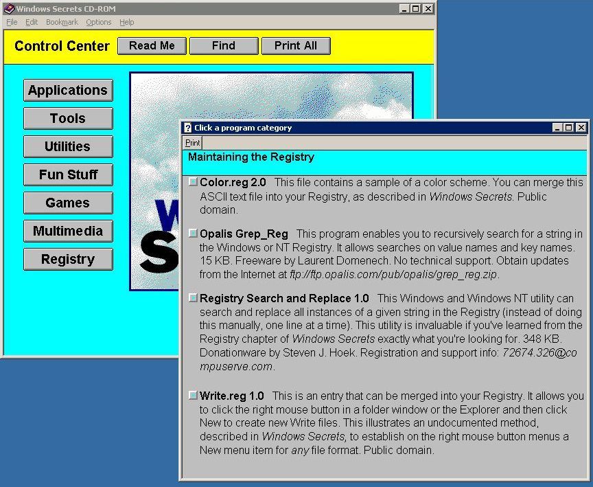 Windows 98 Secrets (Windows) screenshot: There are no sub groups in the Registry section