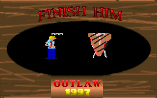 Outlaw 1997 (DOS) screenshot: Jeffrey "Dommer" has just turned Bill Clinton into a perfectly grilled steak. Eww.