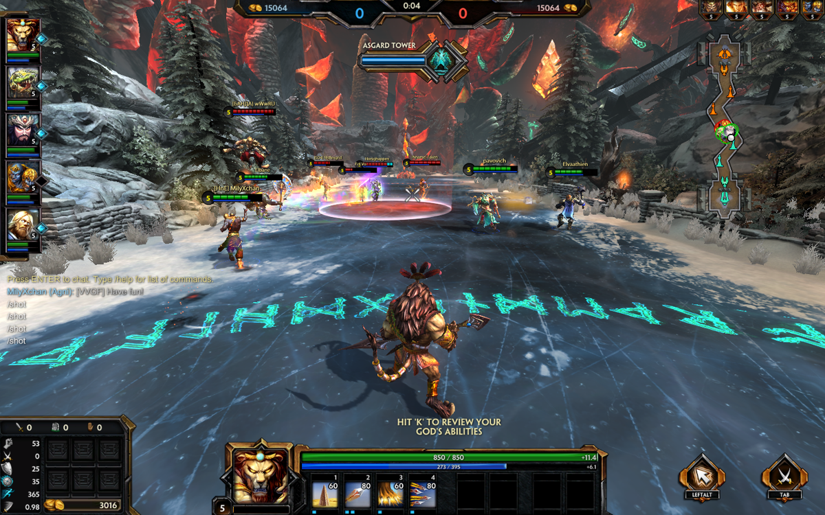 Smite: Battleground of the Gods (Windows) screenshot: The gods clash before the minions have spawned. These teams are eager to win!