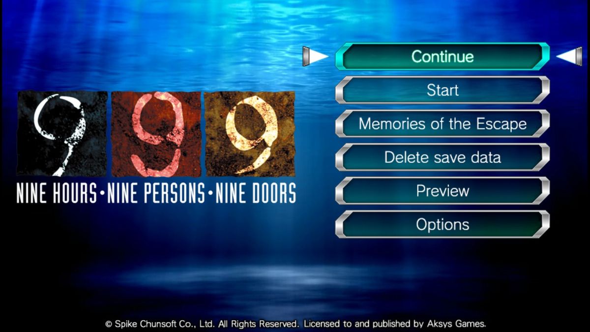 Zero Escape: The Nonary Games (Windows) screenshot: 999: Main menu.