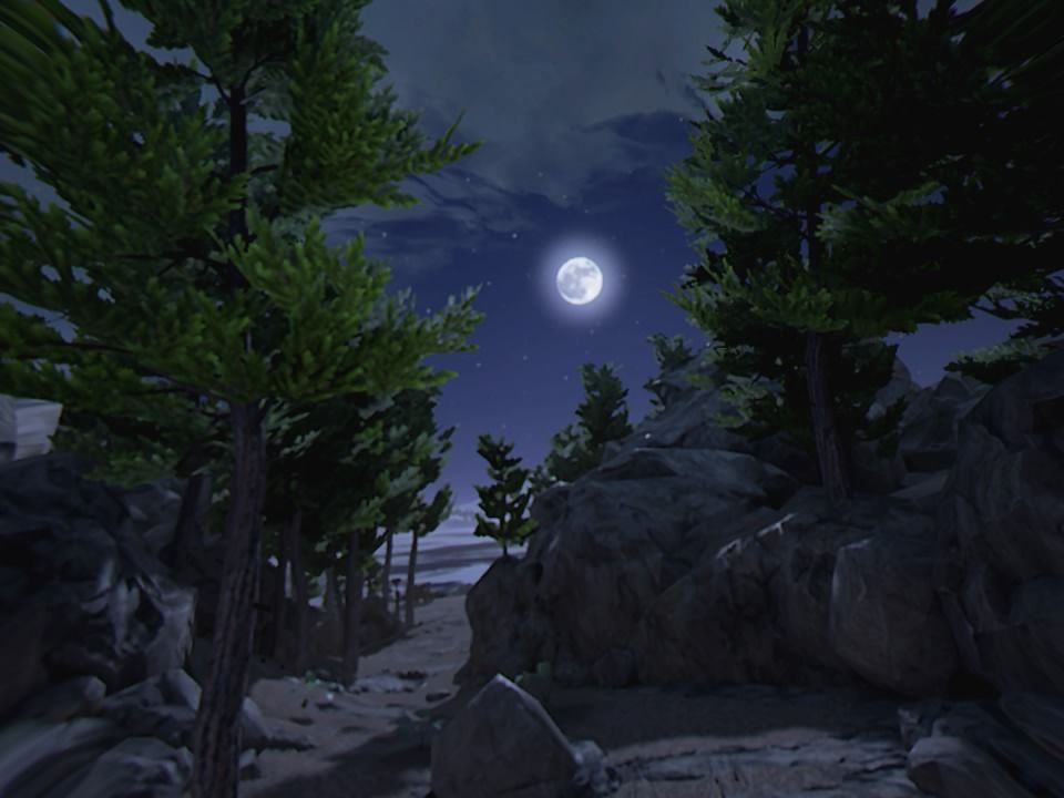 Obduction (PlayStation 4) screenshot: The game starts in the forest path leading to a lake beach