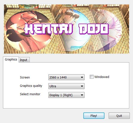 Hentai Dojo (Windows) screenshot: The game loads to this window which allows the player to choose between full screen/windowed mode