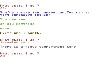 Pub Quest (Commodore 64) screenshot: Examining a car