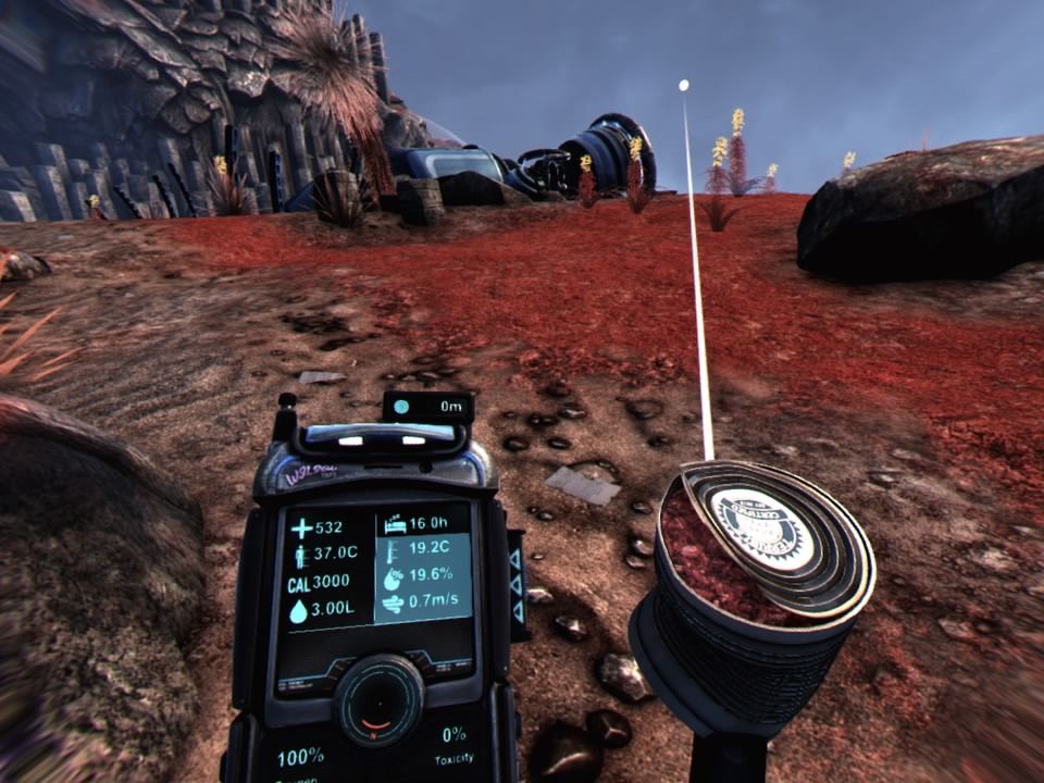 The Solus Project (PlayStation 4) screenshot: Opening the food can with a sharp rock