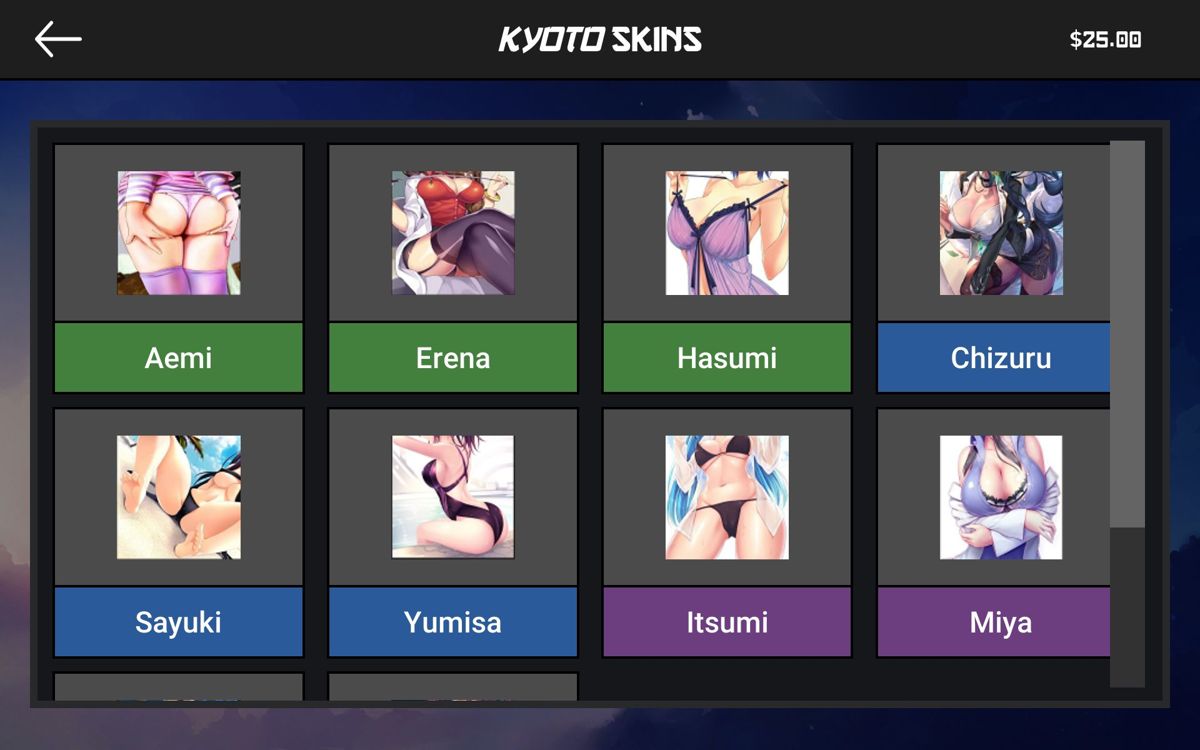 Hentai Case Opening (Windows) screenshot: The player can examine the contents of each crate before opening it - if there's nothing of value in it there's no point in opening it. These skins/cards are in the Kyoto case