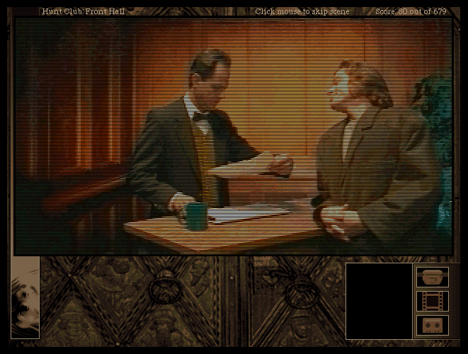 The Beast Within: A Gabriel Knight Mystery (Windows) screenshot: Grinning to Xavier after getting the proper papers for joining the hunters club.