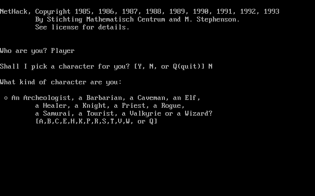 NetHack-- (DOS) screenshot: Player selection screen (v3.1.3).