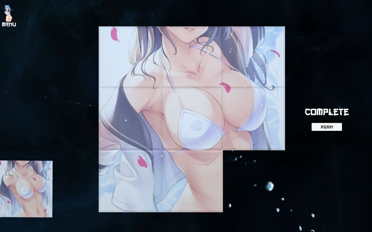 Hentai Space (Windows) screenshot: When a puzzle is complete the player can either play again or return to the menu of 'Soft' images. There is no option to move to the next image in sequence from this screen