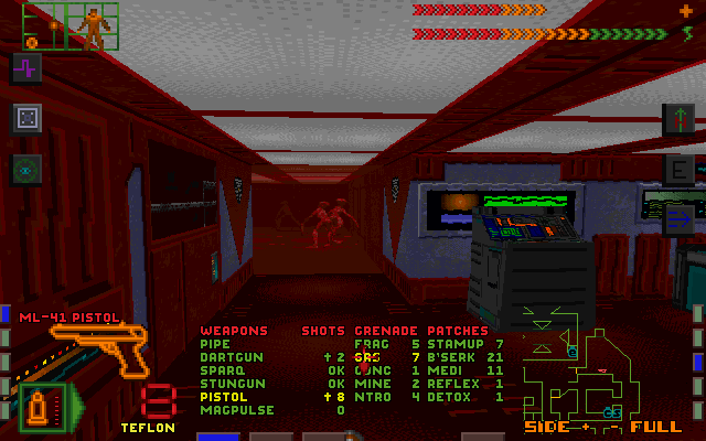 System Shock (DOS) screenshot: What are those things? Whatever they are, I'm sure my gas grenades can make short work of them!