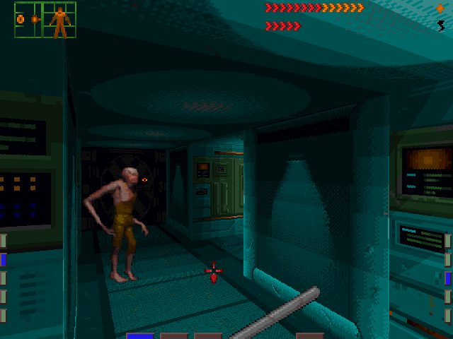 System Shock (DOS) screenshot: Encountering a humanoid mutant in another room on Level 1