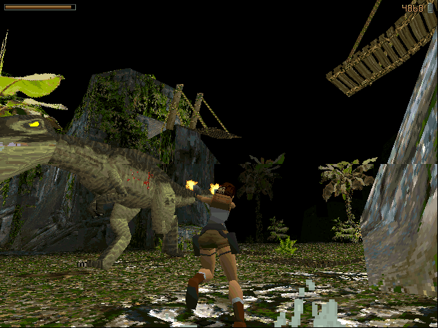 Tomb Raider (DOS) screenshot: One of the game's best-known highlights! Fighting a T-REX!