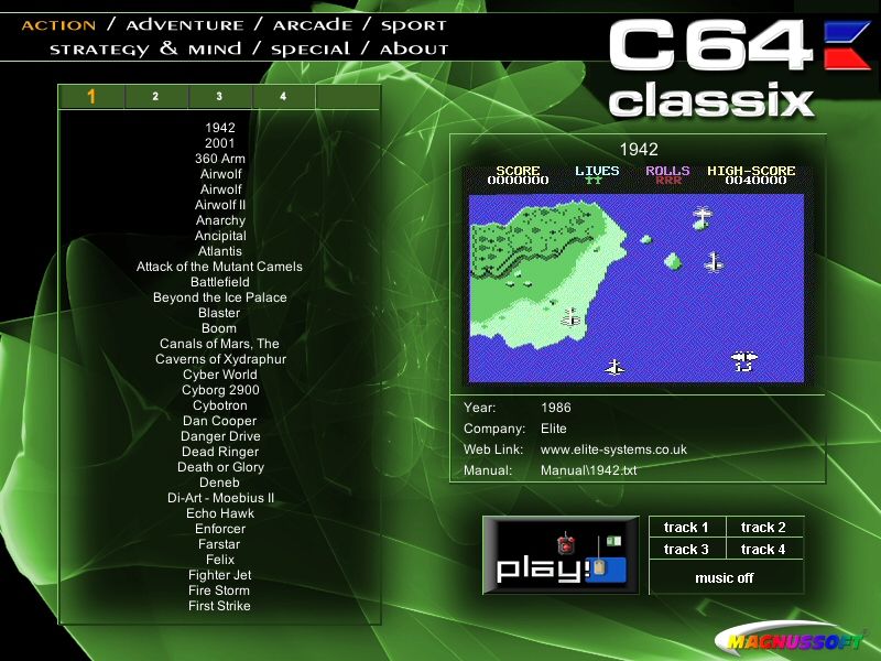 C64 Classix (Windows) screenshot: Menu GUI where you can load every game with a single click (Windows only).