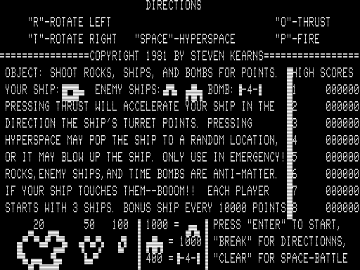 Space-Rock! (TRS-80) screenshot: Instructions
