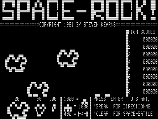 Space-Rock! (TRS-80) screenshot: Title Screen