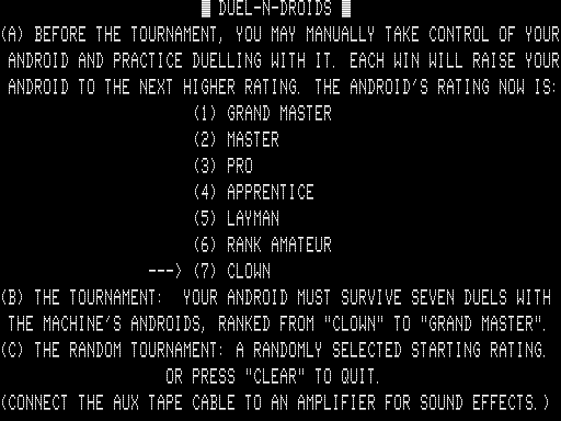 Duel-N-Droids (TRS-80) screenshot: Gameplay Options