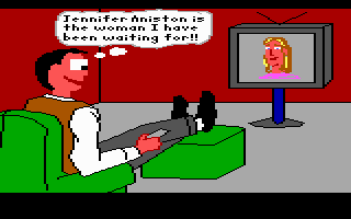 Fuck Quest 2: Romancing the Bone (DOS) screenshot: Intro: Our hero finds the target of his passion! Notice how the predator's eyes get large at the sight of its prey!