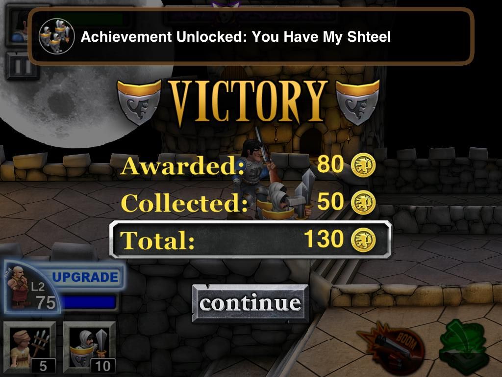 Army of Darkness: Defense (iPad) screenshot: Each wave complete gains coins for upgrades and unlocks other achievements