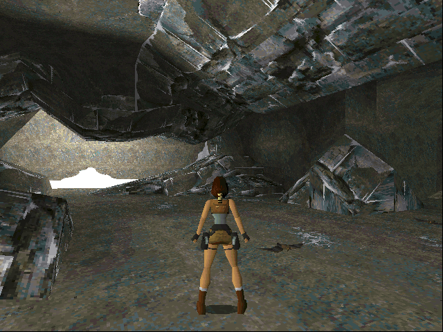 Tomb Raider (DOS) screenshot: It seems odd that one would where shorts and a tank top in such chilly conditions