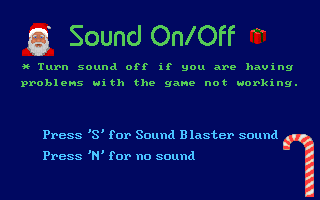 3D Xmas Adventure: Santa's Rescue (DOS) screenshot: The simple sound setup menu.