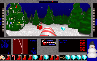 3D Xmas Adventure: Santa's Rescue (DOS) screenshot: A Christmas tree with presents. Ice cubes are used to "unmelt" the snowman.