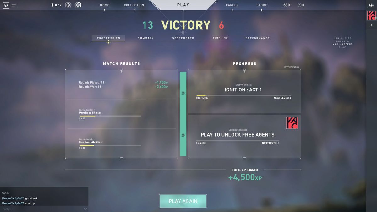 Valorant (Windows) screenshot: Victory screen with progress and rewards