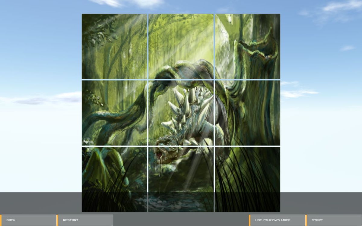Dinosaur Hunt Puzzle (Windows) screenshot: Playingthe game. This is one of the supplied images. The player is first shown the complete image before one cell is removed and the game shuffles the remainder