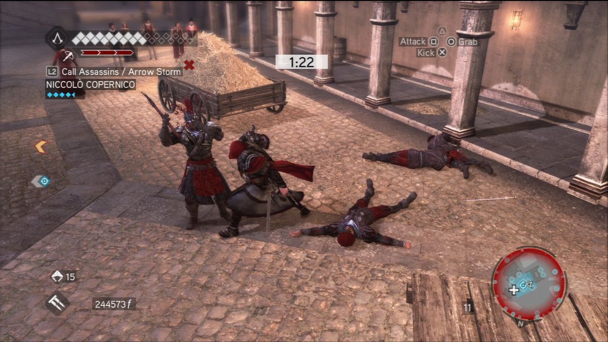 Assassin's Creed: Brotherhood - Copernicus Conspiracy Missions (PlayStation 3) screenshot: Guards will come in great numbers until the time runs out so keep an eye on Copernicus' health bar while fighting them.