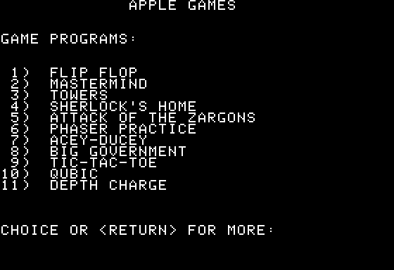 Apple Games (Apple II) screenshot: Games Menu