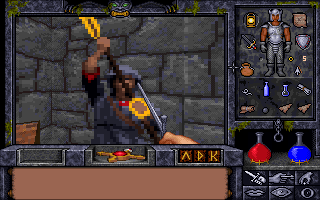 Ultima Underworld II: Labyrinth of Worlds (DOS) screenshot: You see, my Mommy never told me NOT to attack people with crazy magical staves. I'm weird that way