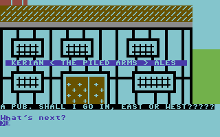 Motorcycle Crazy (Commodore 64) screenshot: Outside a pub. Time for a drink?