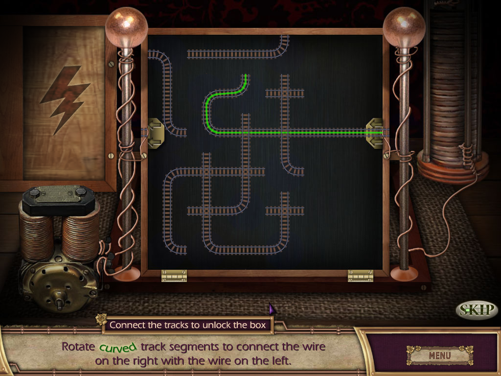 Hidden in Time: Looking-glass Lane (Windows) screenshot: The puzzle: Connect the green line from the right to the left, by turning the curved parts of the track.