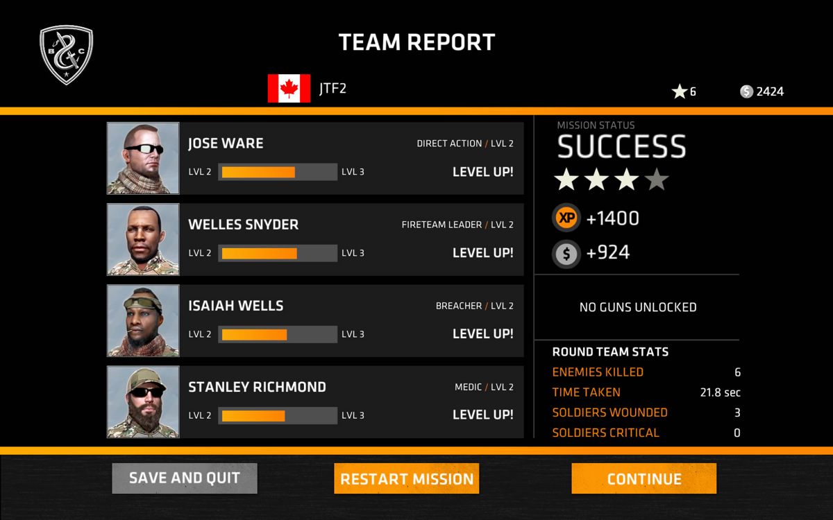 Breach & Clear (Windows) screenshot: Team report after completing a level.